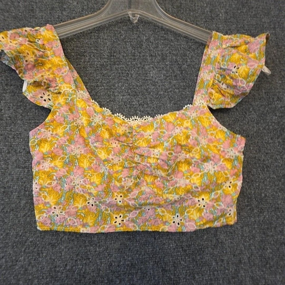 Lulus Blouse Womens M Yellow Floral Square Neck Flutter Sleeve Eyelet Crop Top
